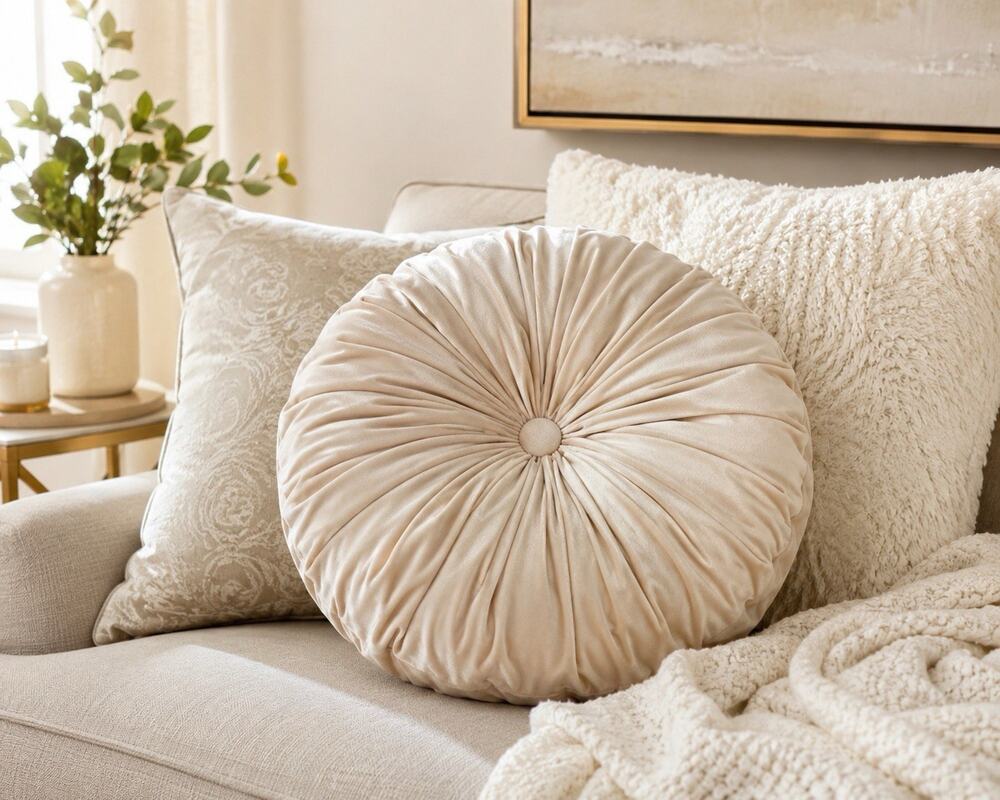 Round Velvet Throw Pillow Champagne Beige 20” Decorative Accent Cushion